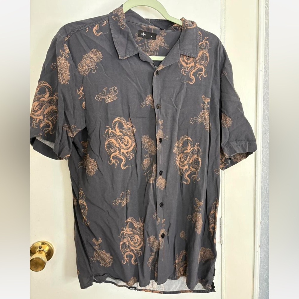 Thrills Dragon Print Button Down Shirt in Gray and Tan